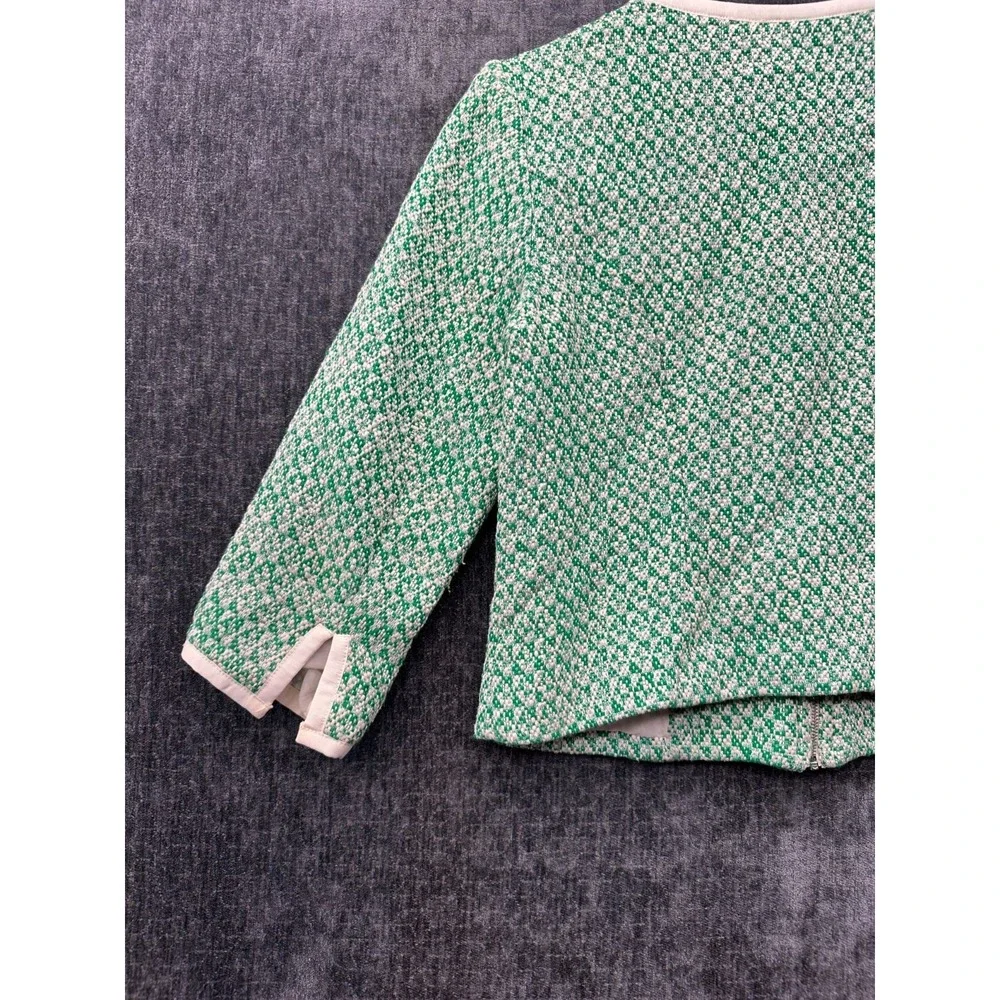 Cabi Cropped Jacket Womens 6 Green White Textured Tweed 3/4 Sleeve Full Zip‎